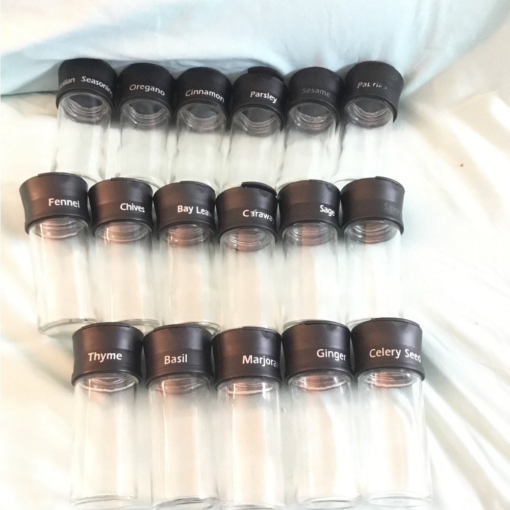 Set of 17 Glass Spice Jars with Black Lids